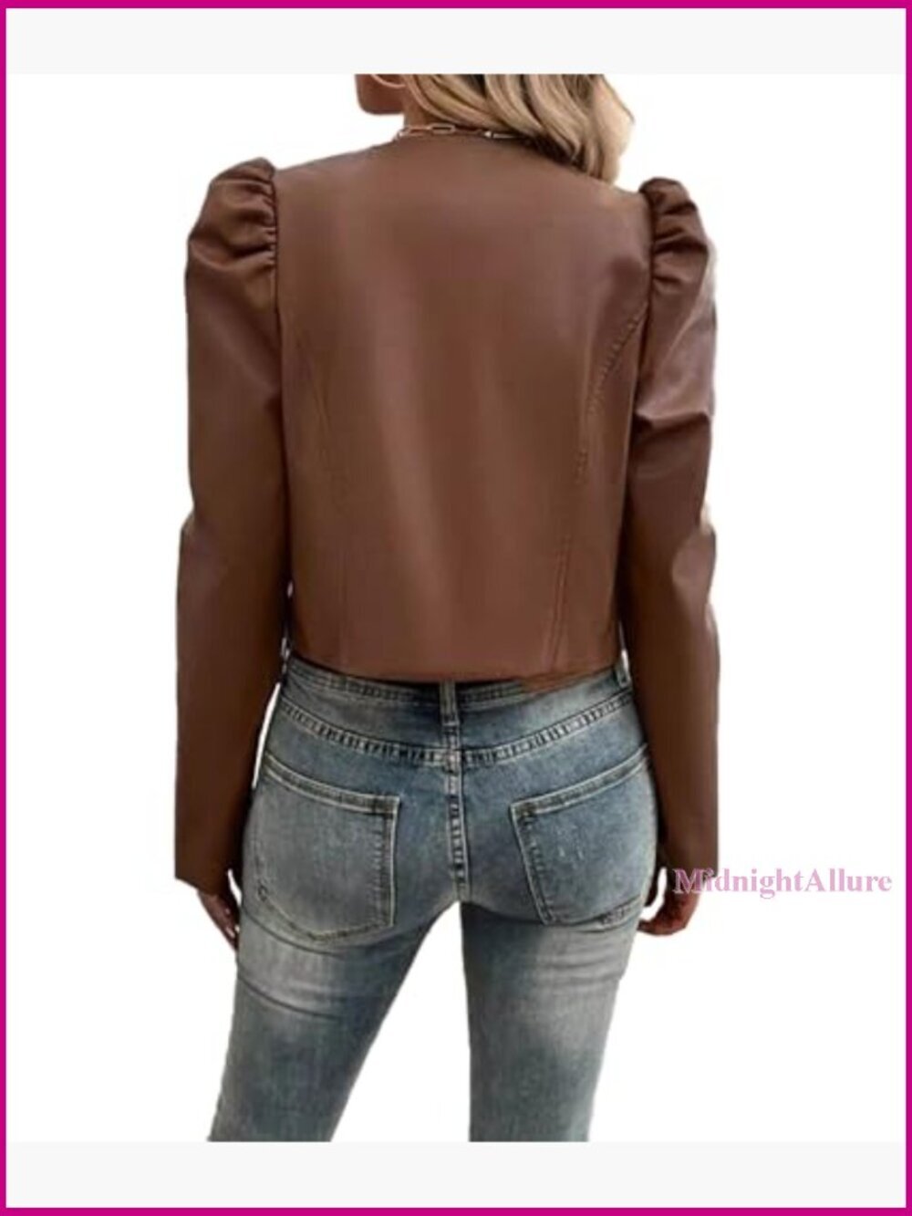 Faux Leather Cropped Blazer Puff Sleeve Open Front Cardigan Jacket - Picture 2 of 5